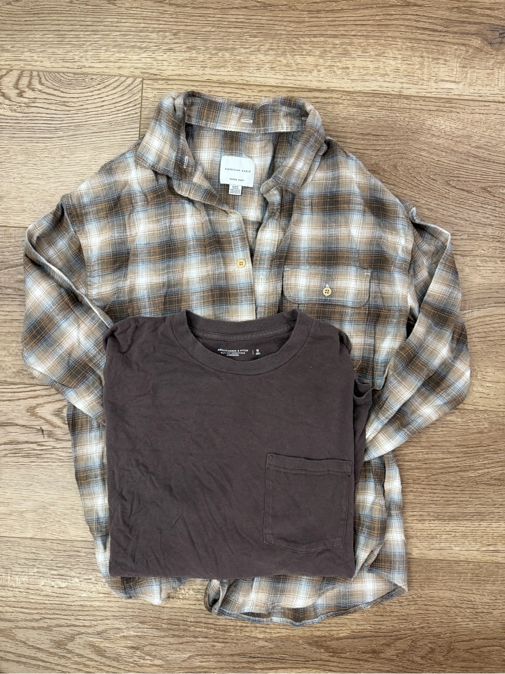 American Eagle Brown and Cream Plaid Button-Down Shirt